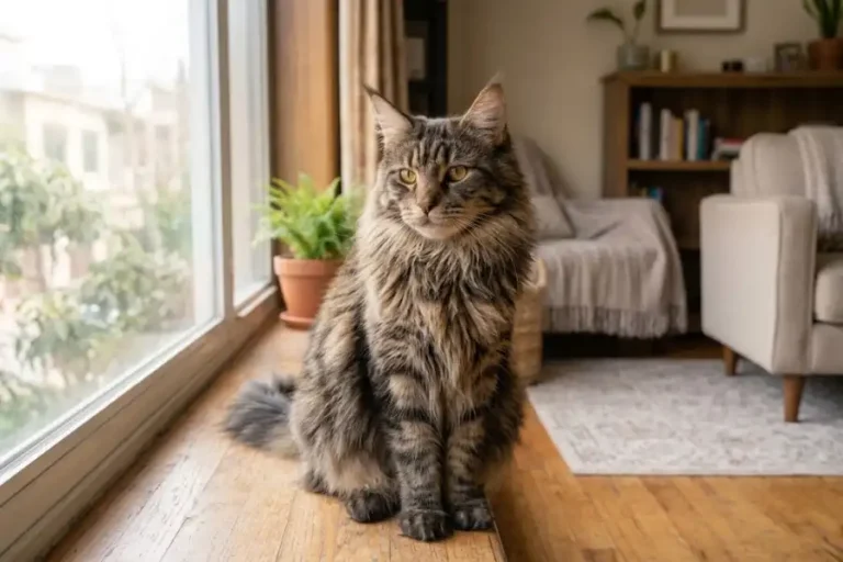 Tortoiseshell Maine Coon Colors: 6 Types and How to Spot Each 2 Tortoiseshell Maine Coon with black and red patches sitting by a sunny window