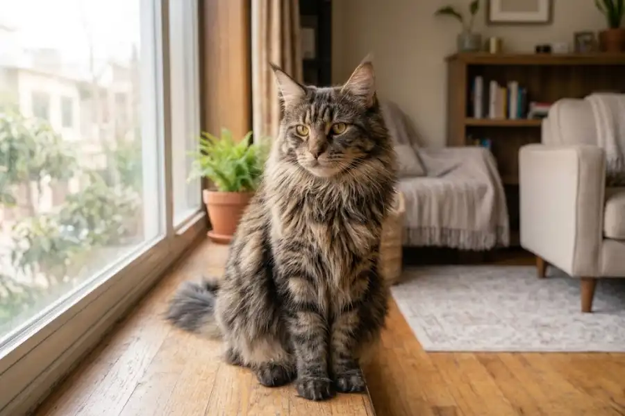 Tortoiseshell Maine Coon Colors: 6 Types and How to Spot Each 1 Tortoiseshell Maine Coon with black and red patches sitting by a sunny window
