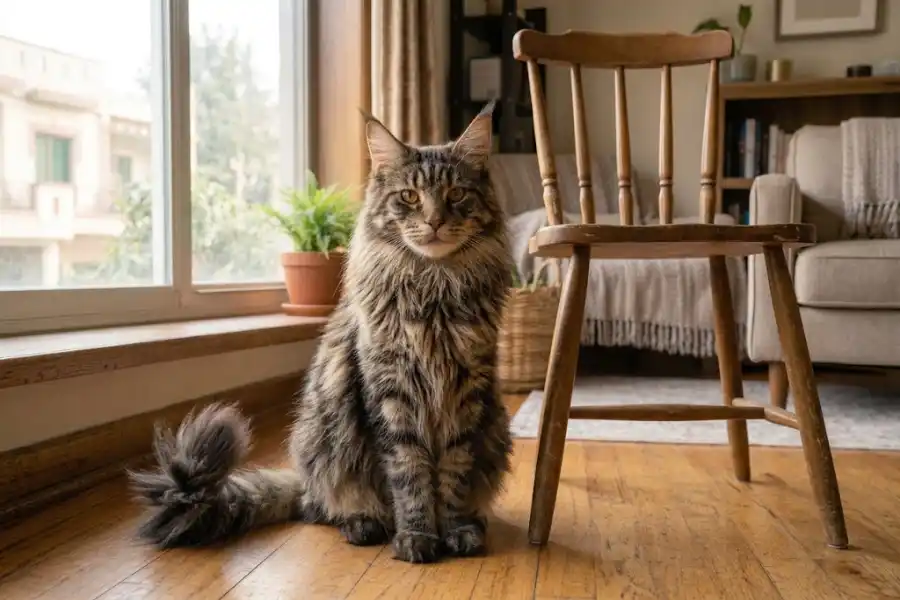 When Do Maine Coon Cats Stop Growing? Age, Size, and Signs 3 Adult Maine Coon cat sitting next to a kitchen chair to show how big Maine Coon cats get when they stop growing